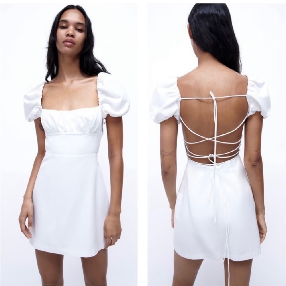 Zara white embroidered mini dress, open back size extra small